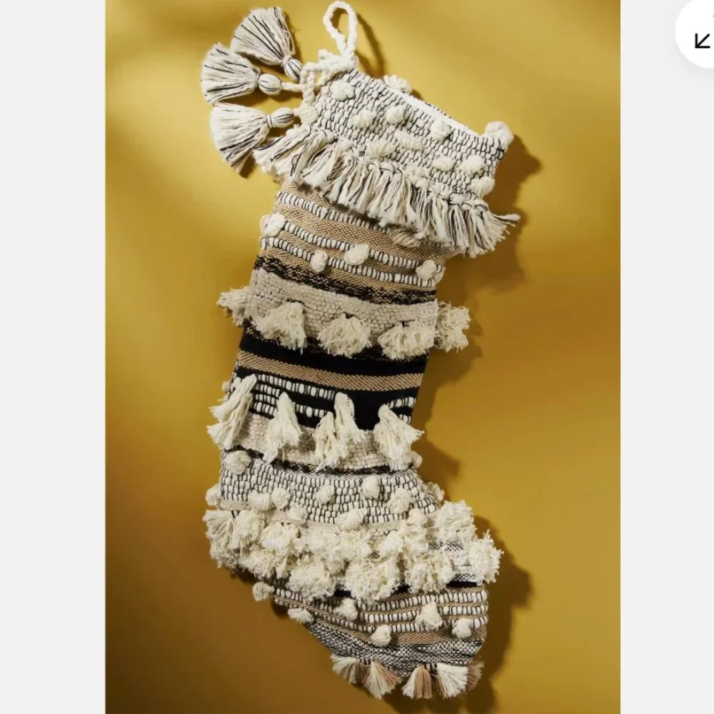 NEW Anthropologie All Roads Textured Stocking Tasseled Cream Black Rustic Boho